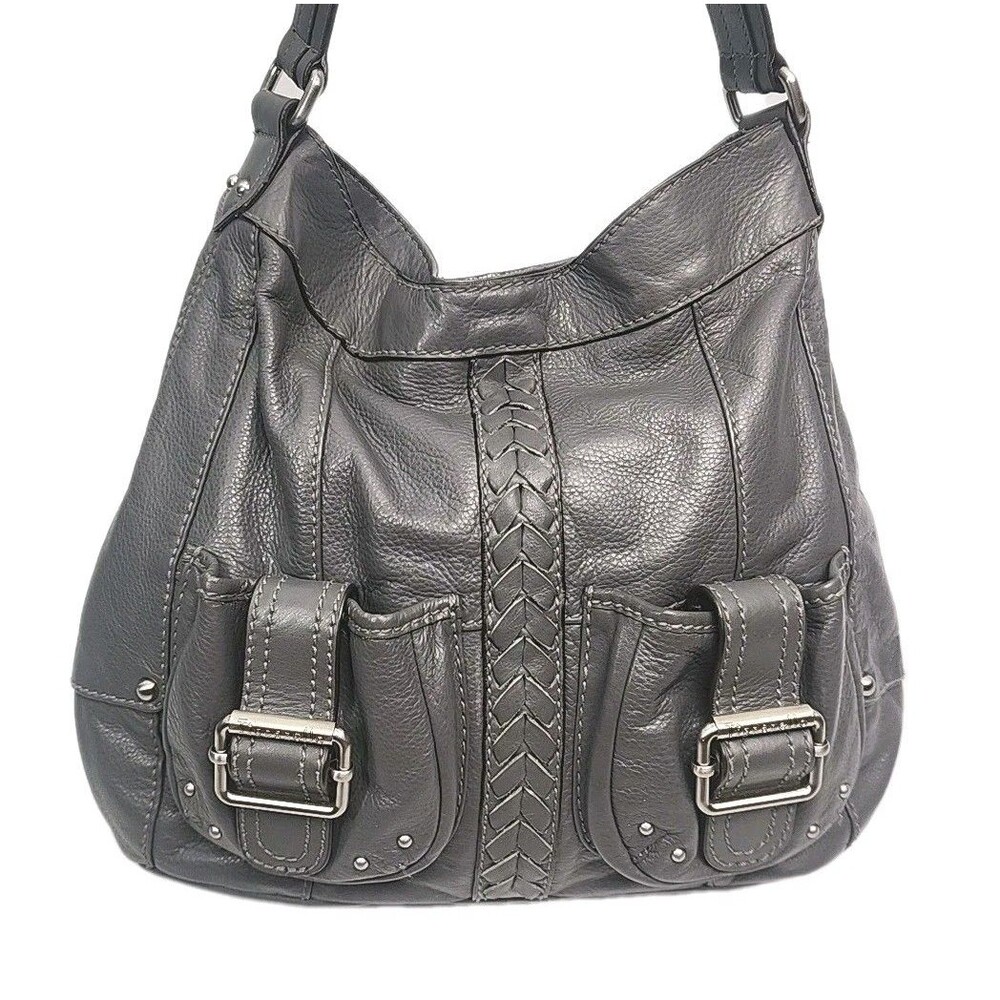 Tignanello Purse Gray Pebbled Leather Shoulder Bag Pocket Hobo Large 14x13" Tote